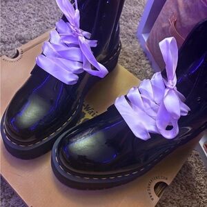 Dr. Martens Glossy Black Boots with Lavender Laces
